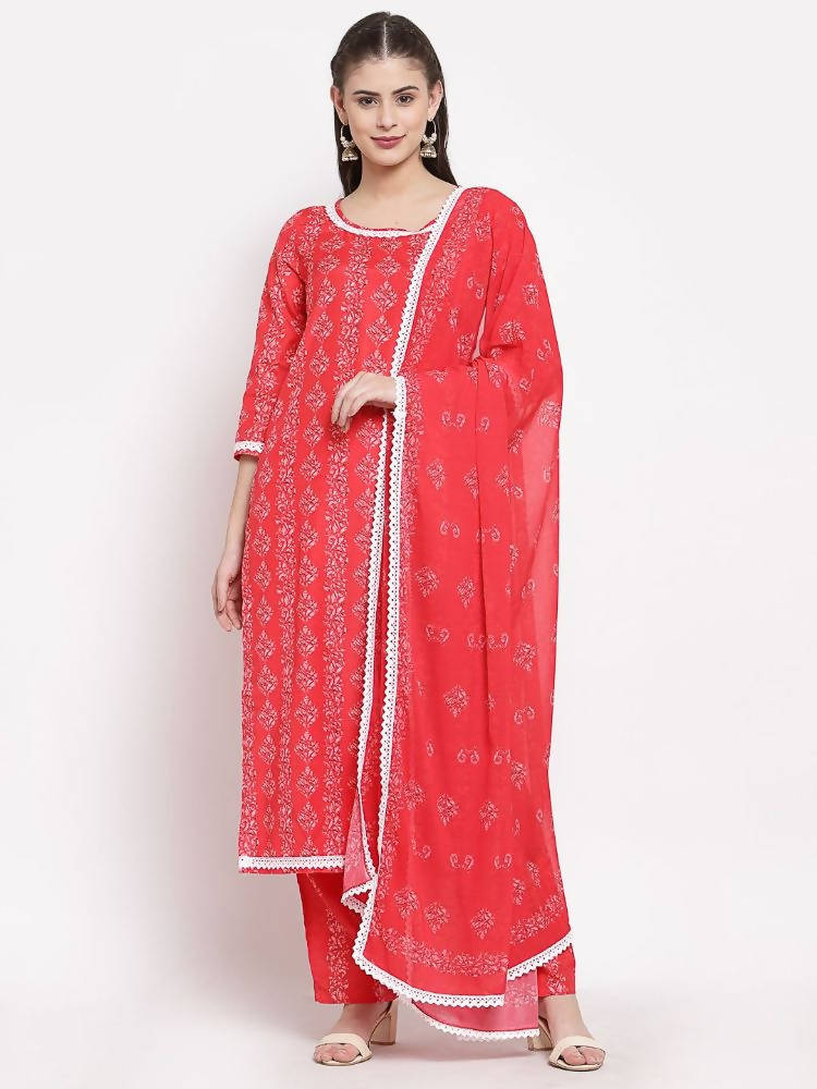 Myshka Women's Red Cotton Printed 3/4 Sleeve Round Neck Casual Kurta Pant Dupatta Set | Grab2Buy