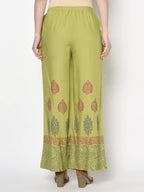 Aniyah Rayon Parrot Green Color Block Print Flared Slip-On Palazzo (AN-196K) | Grab2Buy