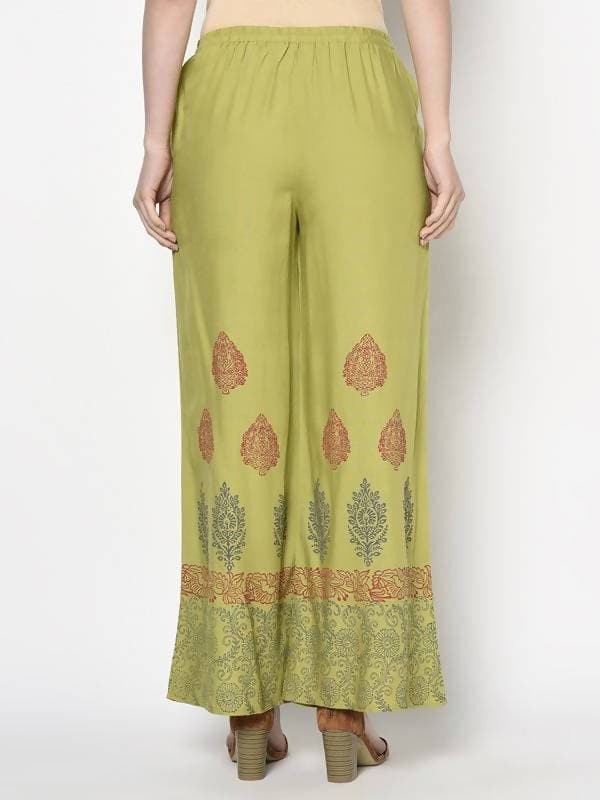 Aniyah Rayon Parrot Green Color Block Print Flared Slip-On Palazzo (AN-196K) | Grab2Buy