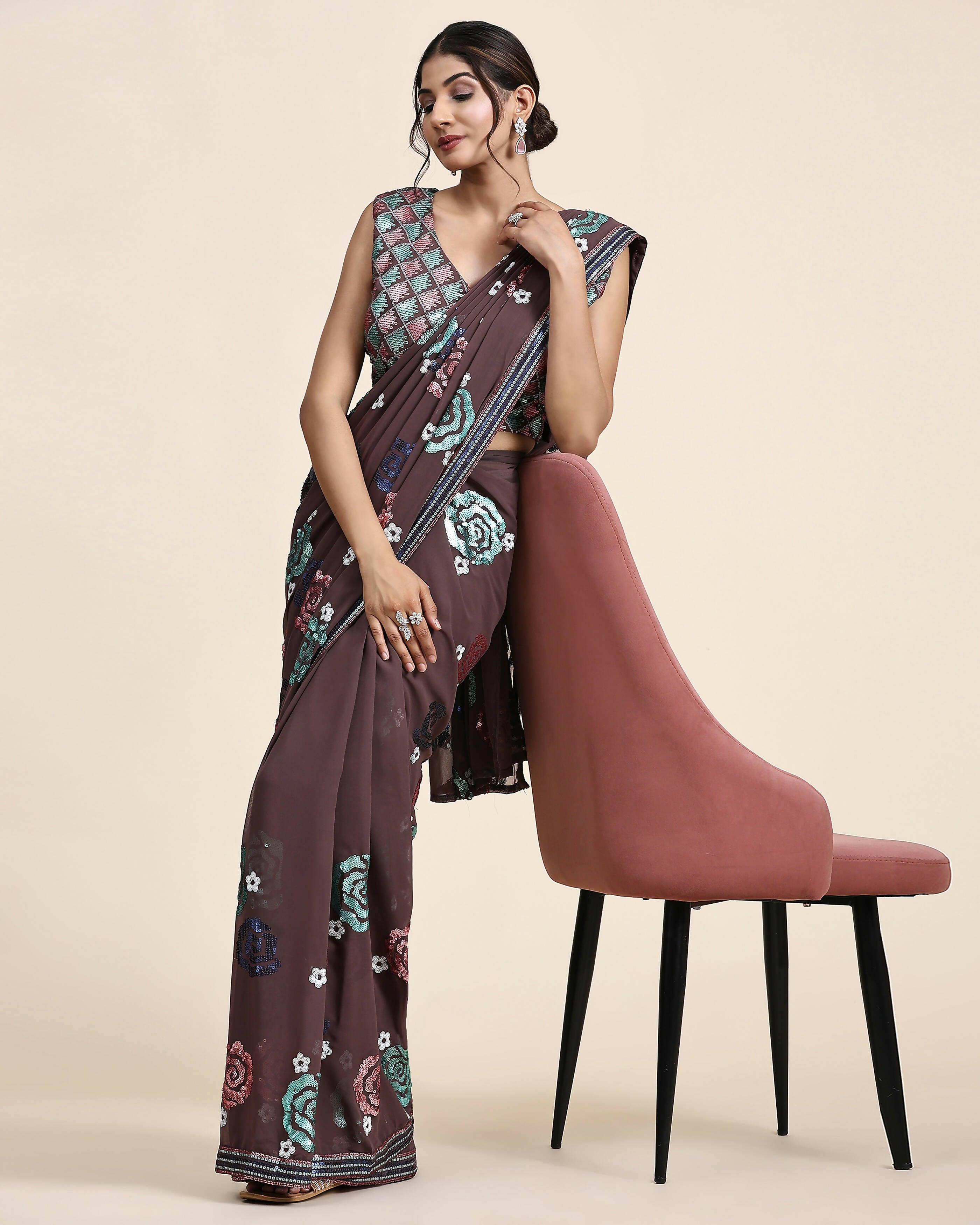 Brown Pure Georgette Sequence work Ready to wear Saree with stitched Blouse - Nirvana | Grab2Buy