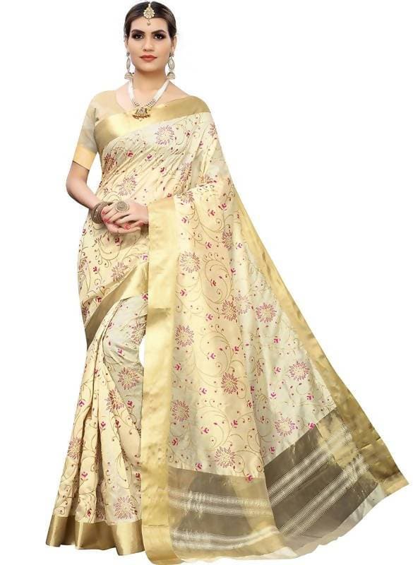 Vamika Weaving Cream Cotton Polyester Silk Saree (Kerala Floral) | Grab2Buy