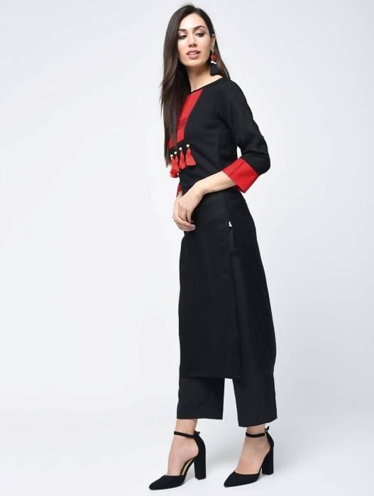 Aniyah Rayon Color Block Black Latest Straight Kurta With Tassels (AN-109K) | Grab2Buy