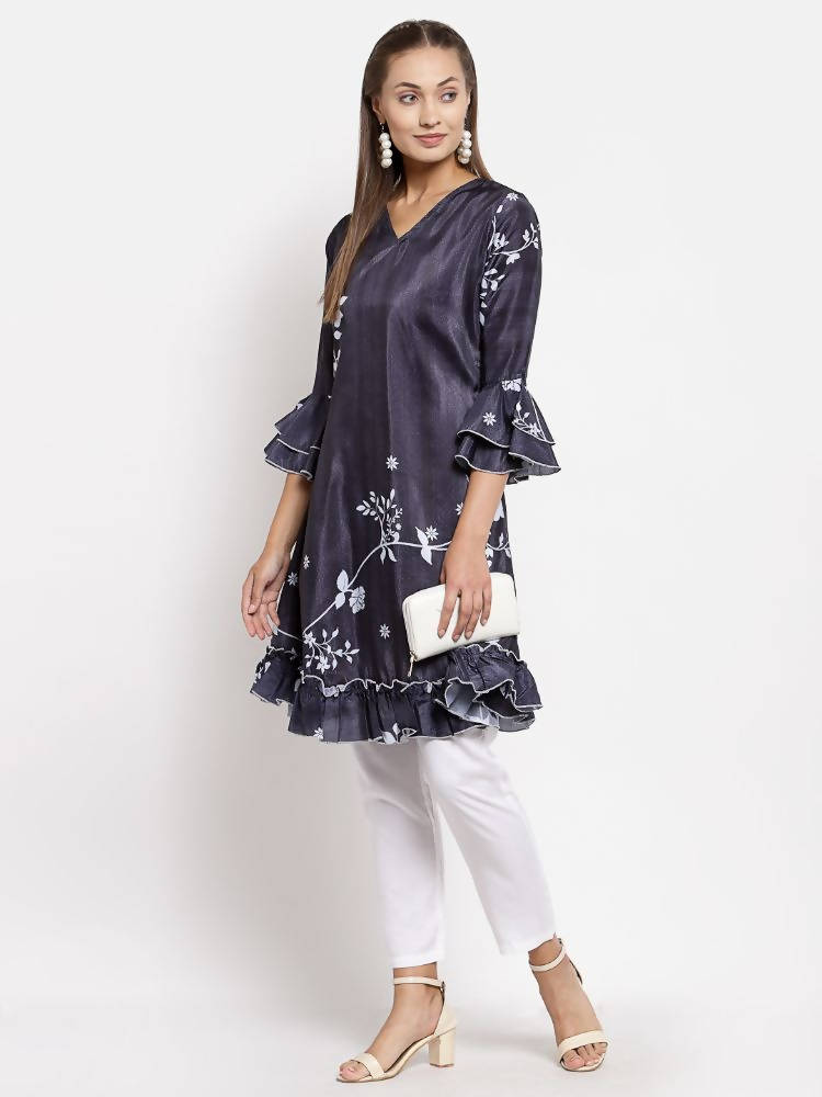 Myshka Women's Black Crep Printed Full Sleeve V Neck Casual Tunic | Grab2Buy