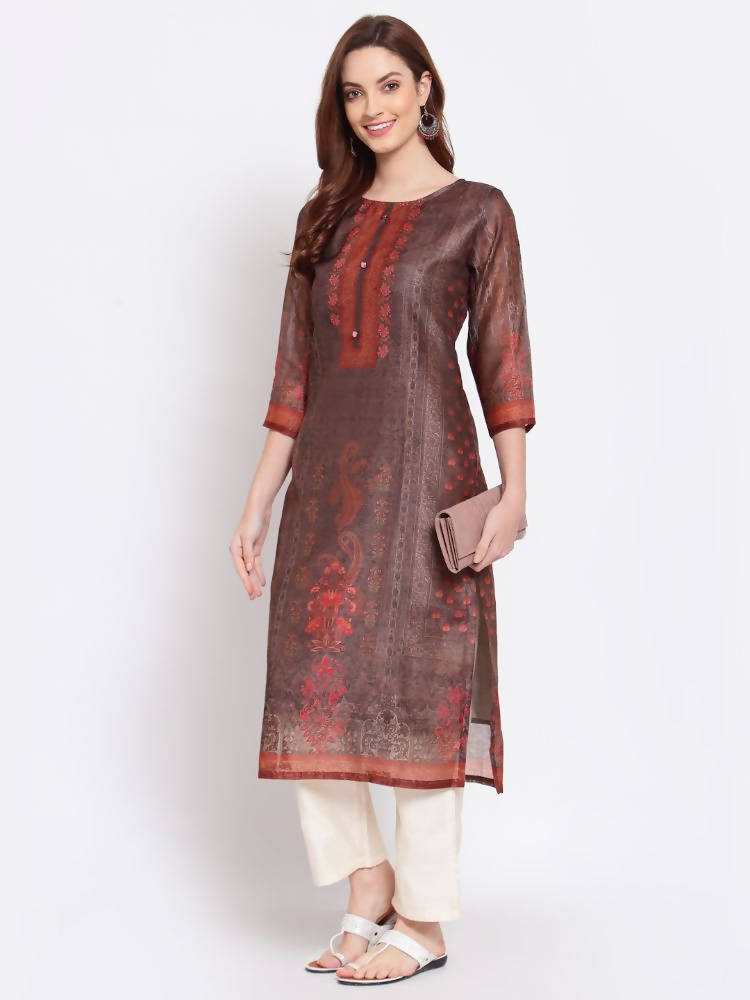 Myshka Women's Multi Printed Chanderi Silk 3/4 Sleeve Round Neck Casual Kurta | Grab2Buy