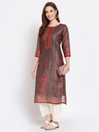 Myshka Women's Multi Printed Chanderi Silk 3/4 Sleeve Round Neck Casual Kurta | Grab2Buy