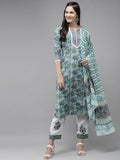 Yufta Green Hand Block Printed Kurta with Trouser and Dupatta | Grab2Buy
