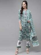 Yufta Green Hand Block Printed Kurta with Trouser and Dupatta | Grab2Buy