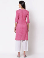 Myshka Women's Pink Cotton 3/4 Sleeve Round Neck Printed Casual Kurta | Grab2Buy