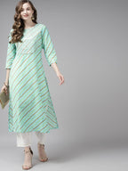 Yufta Women Sea Green Bandhani Striped Regular Sequined Pure Cotton Kurta with Palazzo | Grab2Buy