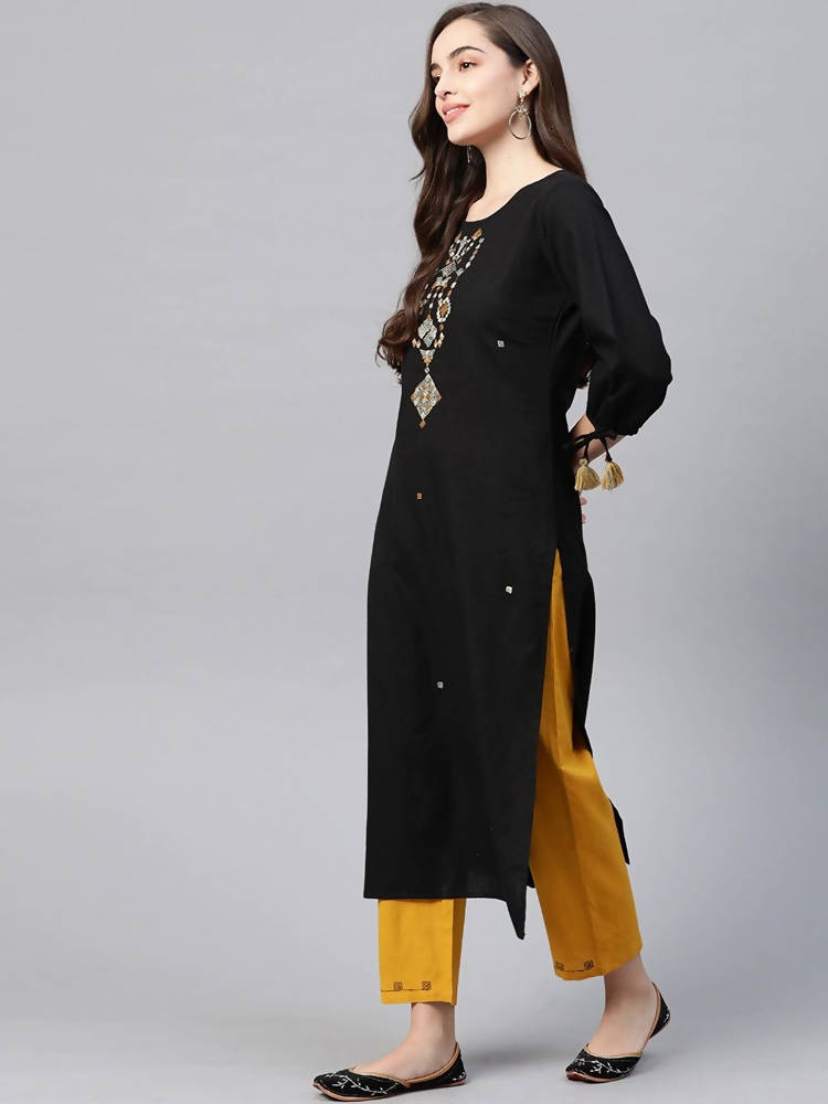 Yufta Women Black Ethnic Motifs Embroidered Pure Cotton Kurta with Trouser | Grab2Buy