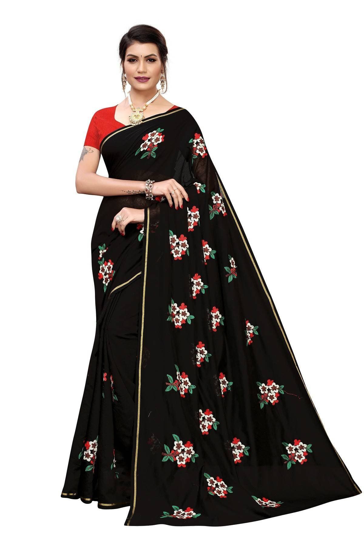 Vamika Black Chanderi Cotton Embroidery Floral Saree | Grab2Buy