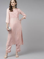 Yufta Women Pink Ethnic Motifs Yoke Design Thread Work Kurta with Palazzo | Grab2Buy
