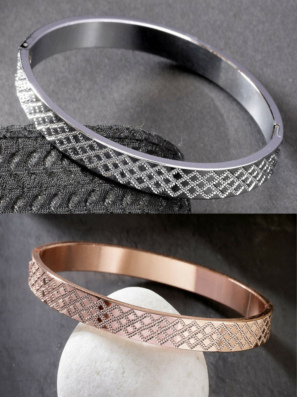 NVR Men's Set of 2 Rhodium-Plated Stainless Steel Kada Bracelet