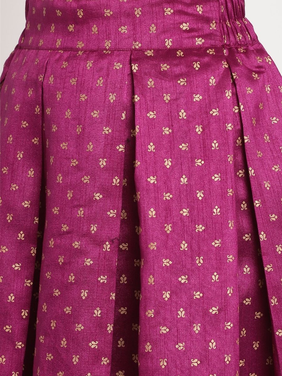 Ahalyaa Women's Pink Poly Silk Gold Foil Print Top With Skirt | Grab2Buy