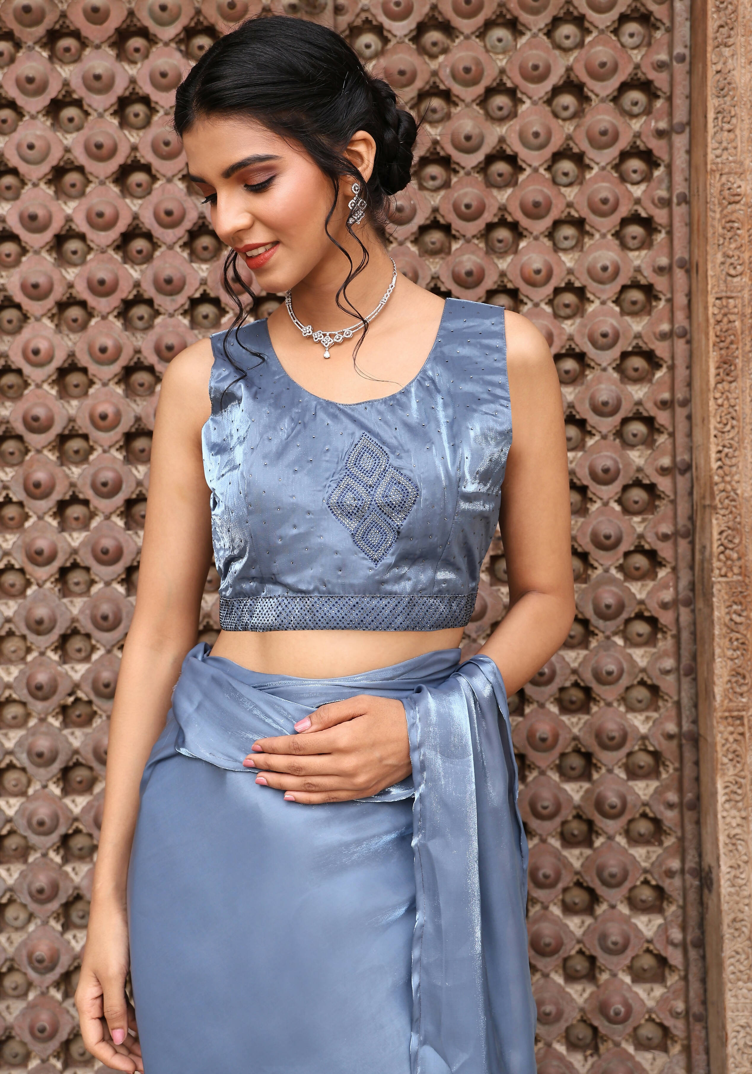 Sky Blue Tom Silk Plain Ready To Wear Saree With Stitched Blouse - Satiksha | Grab2Buy
