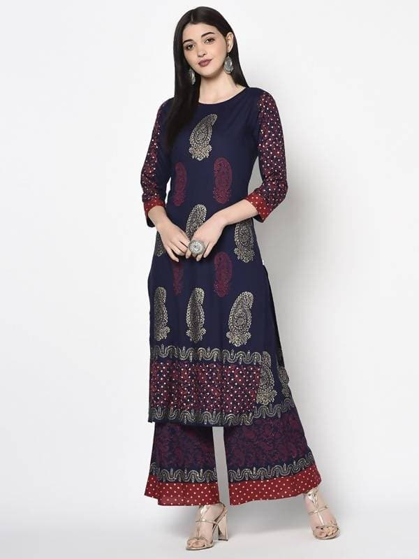 Aniyah Rayon Navy Blue Color Block Print Straight kurta (AN-180K) | Grab2Buy