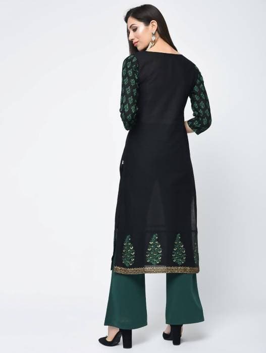 Aniyah Cotton Block Printed Black Straight Kurta (AN-131K) | Grab2Buy