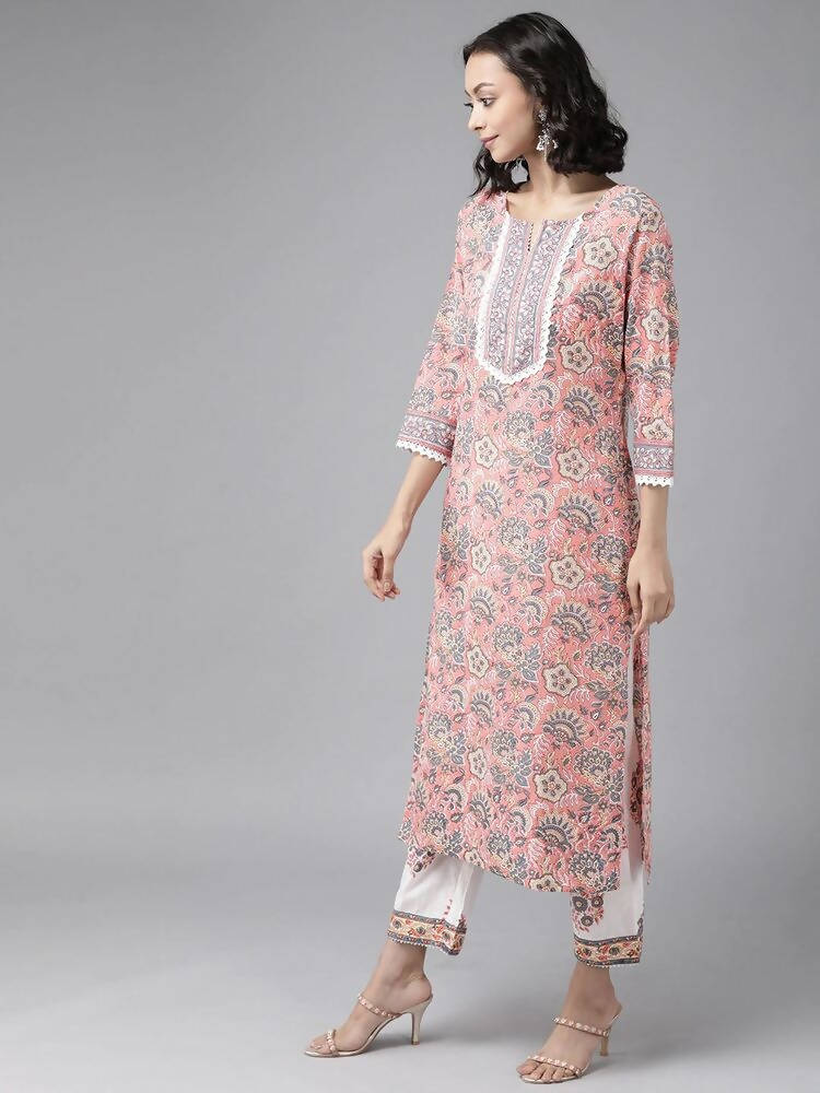 Yufta Peach Hand Block Printed Kurta with Trouser and Dupatta | Grab2Buy