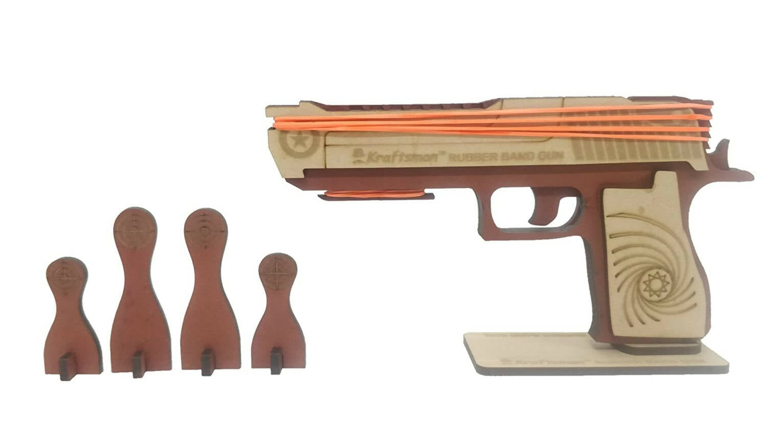 Kraftsman Kraftsman Semi-Automatic Wooden Rubber Band Shooting Gun Toys for Kids & Adults with Target | 5 Rapid Fire Shots (Dark Brown) | Grab2Buy