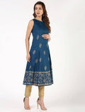 Aniyah Rayon Block Print Flared Blue Kurta (AN-149K) | Grab2Buy