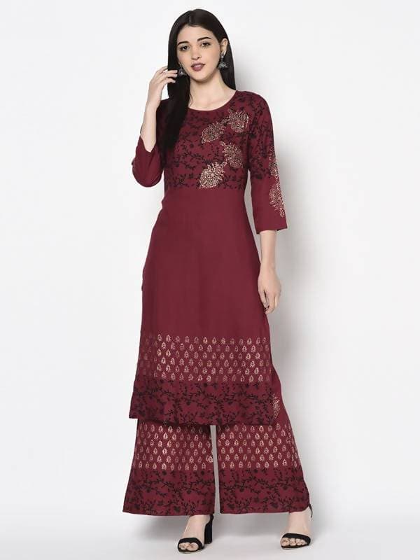 Aniyah Rayon Maroon Color Block Print Flared Slip-On Palazzo (AN-183K) | Grab2Buy