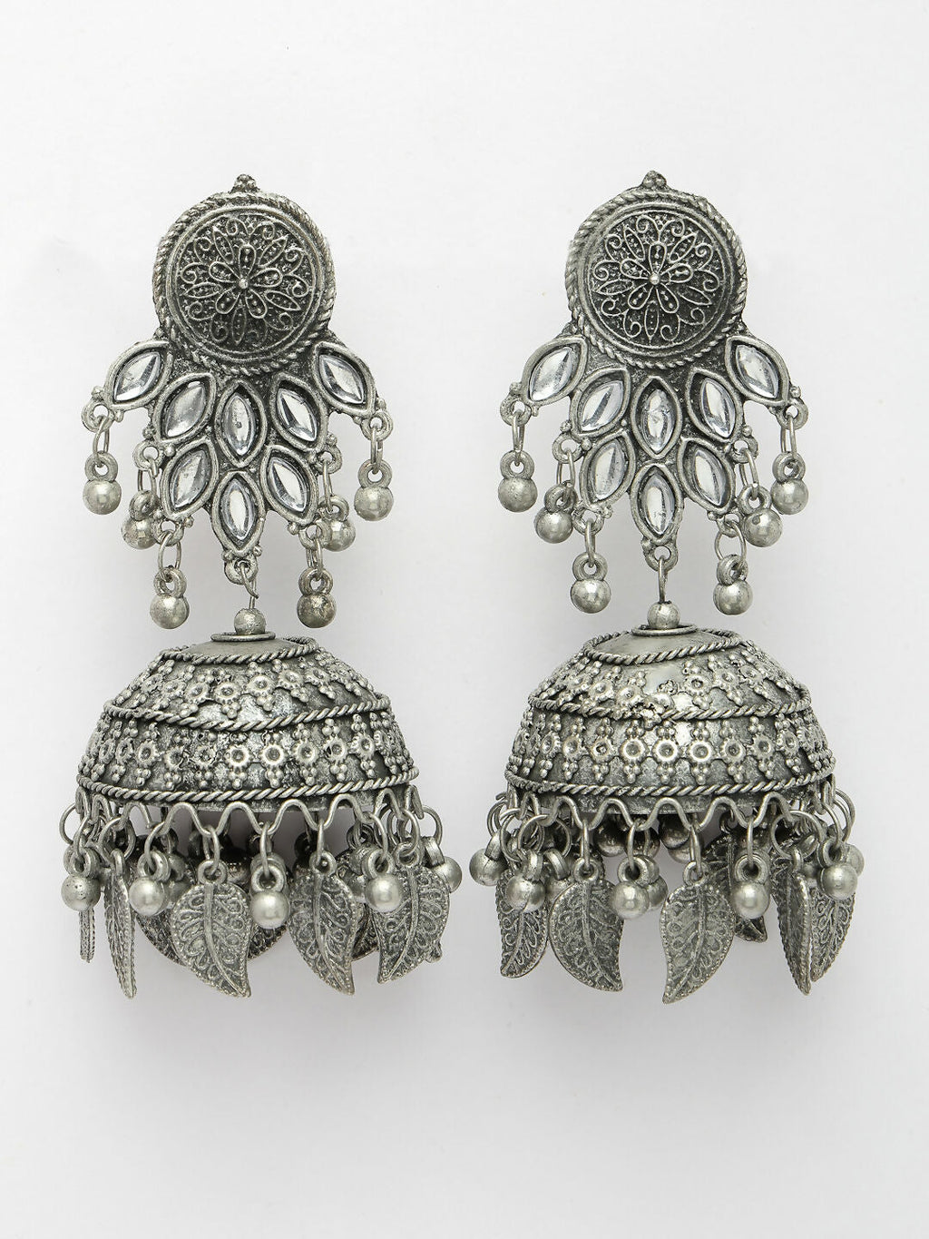 NVR Women's Silver-Plated Oxidised Artificial Stones Dome Shaped Jhumka Earrings | Grab2Buy