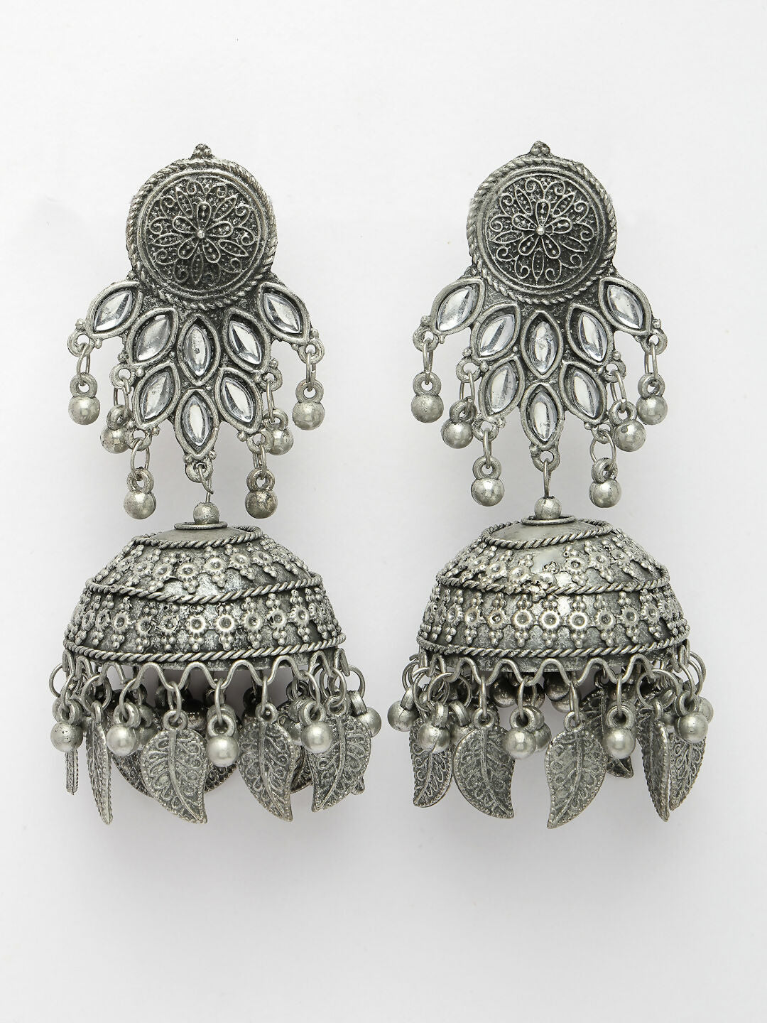 NVR Women's Silver-Plated Oxidised Artificial Stones Dome Shaped Jhumka Earrings | Grab2Buy