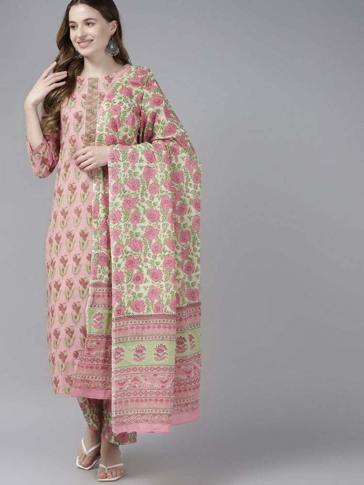 Yufta Women Pink Floral Print Aari Work Pure Cotton Kurta with Palazzo and Dupatta | Grab2Buy