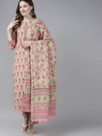 Yufta Women Pink Floral Print Aari Work Pure Cotton Kurta with Palazzo and Dupatta | Grab2Buy