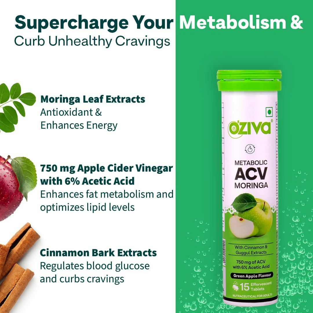 OZiva ACV Moringa For Weight Loss 3-in-1 Fat Oxidation Formula Tablets - Green Apple Flavor | Grab2Buy