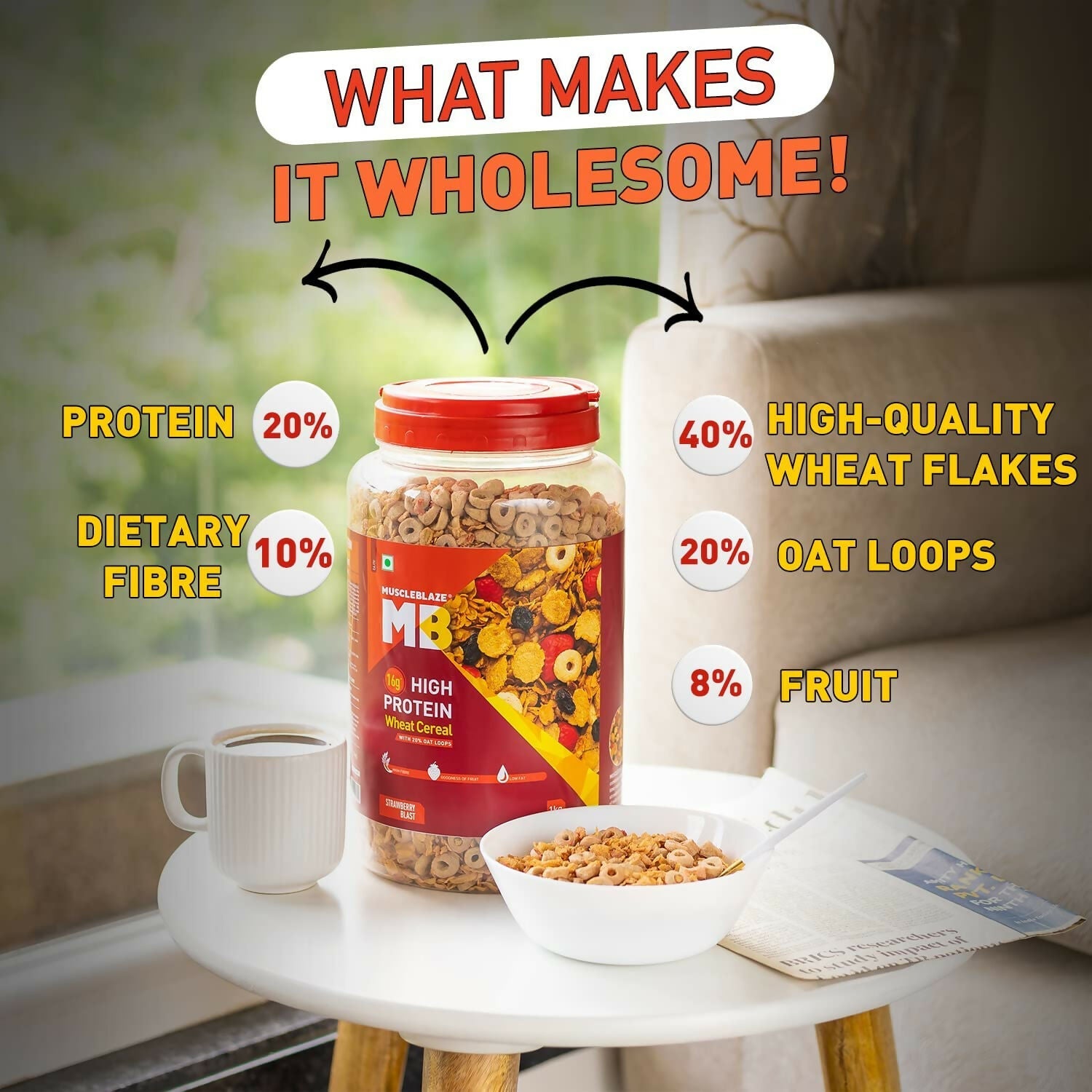 MuscleBlaze 16g High Protein Wheat Cereal - Strawberry Blast | Grab2Buy