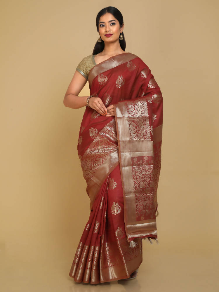Kalamandir Peacock Print Red Silk Blend Saree | Grab2Buy