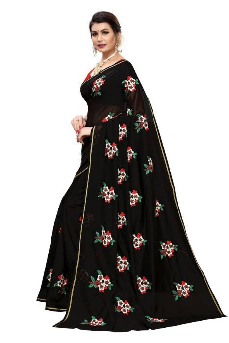 Vamika Chanderi Cotton Embroidery Black Saree (Mogra Black) | Grab2Buy