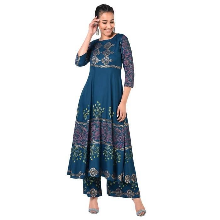 Aniyah Latest Cotton Block Printed Straight Kurta Blue Palazzo Set (AN-159K) | Grab2Buy