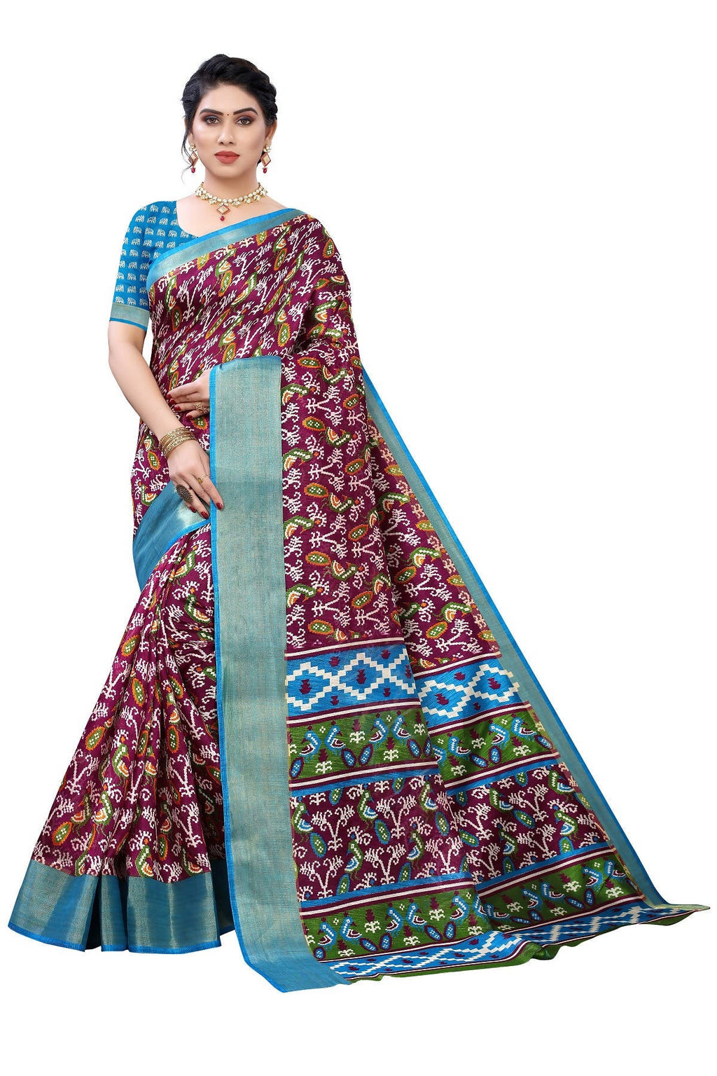 Vamika Purple and Blue Linen Jari Border Saree Online At Low Price | Grab2Buy