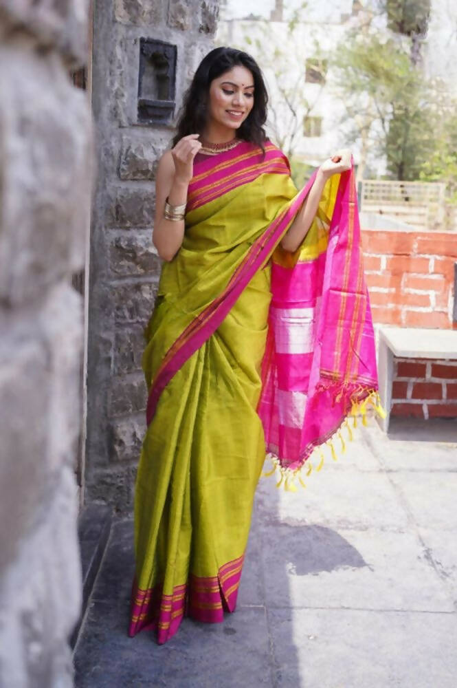 Very Much Indian Handloom Cotton Viscose Ilkal Saree - Bright Green | Grab2Buy