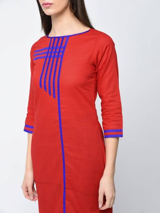 Aniyah Cotton Red Color Straight Kurta With Patchwork (AN-108K) | Grab2Buy