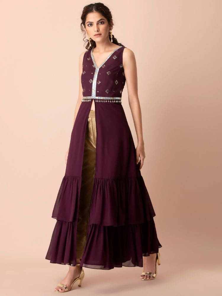 Indya Women Purple & Gold-Toned Embellished Ruffled High Slit Kurta | Grab2Buy