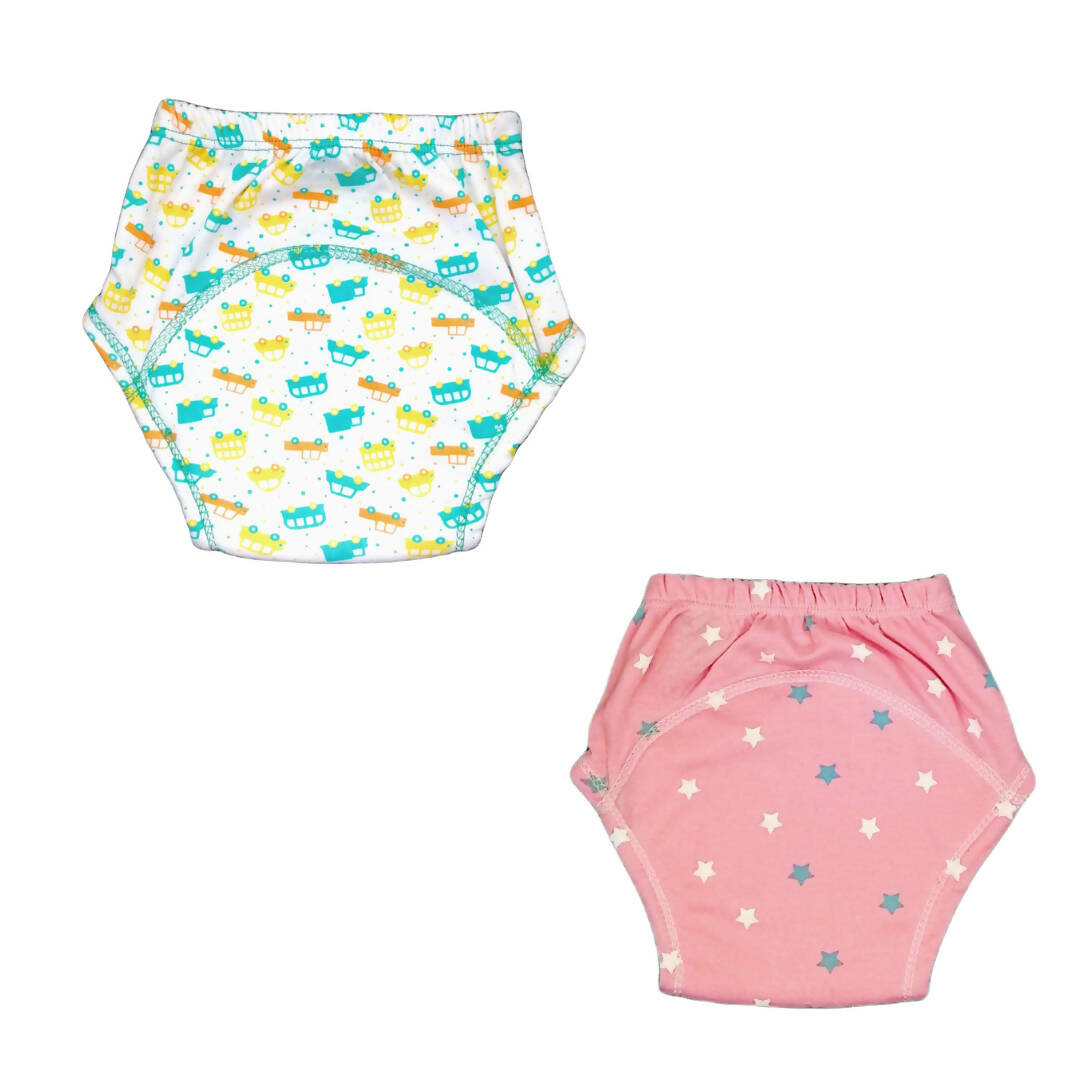 Kindermum Cotton Padded Pull Up Training Pants/Padded Underwear For Kids Peachy Star & Green Car-Set of 2 pcs | Grab2Buy