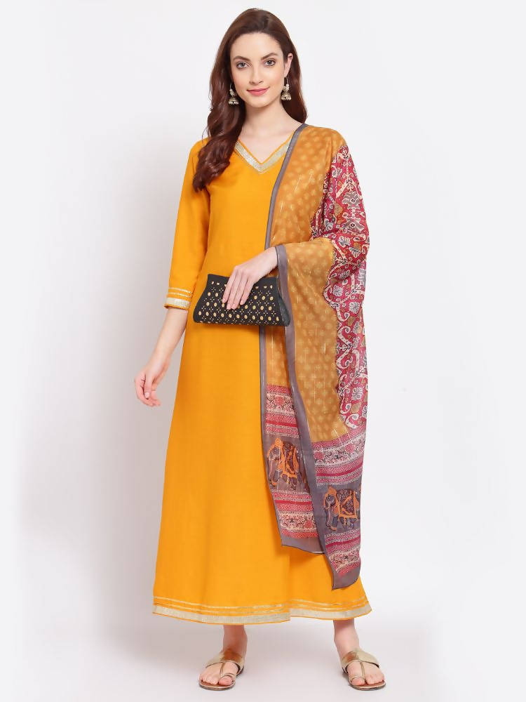 Myshka Women's Yellow Printed Silk Blend 3/4 Sleeve V Neck Casual Kurta Dupatta Set | Grab2Buy