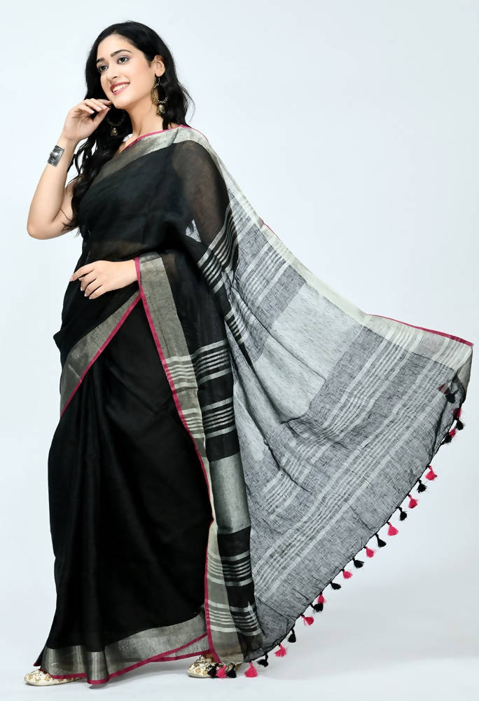 Mominos Fashion Moeza Pure Linen Black Saree | Grab2Buy