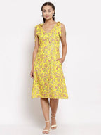 Myshka Women's Yellow Cotton Printed Sleeveless V Neck Casual Dress | Grab2Buy