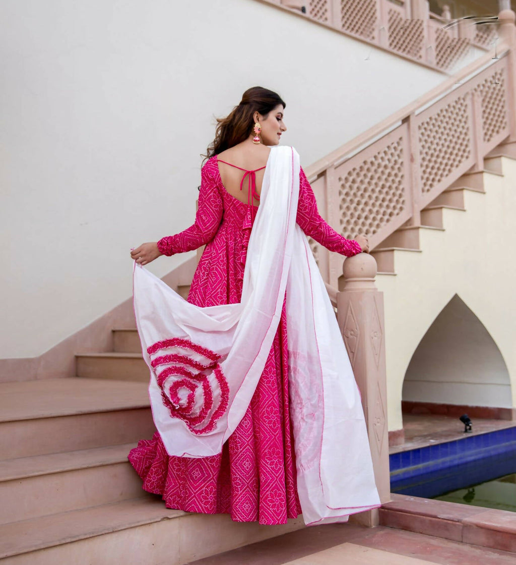 Pink Pure Maslin Bandhej Print Work Stitched Suit With Dupatta - Anbazaar | Grab2Buy