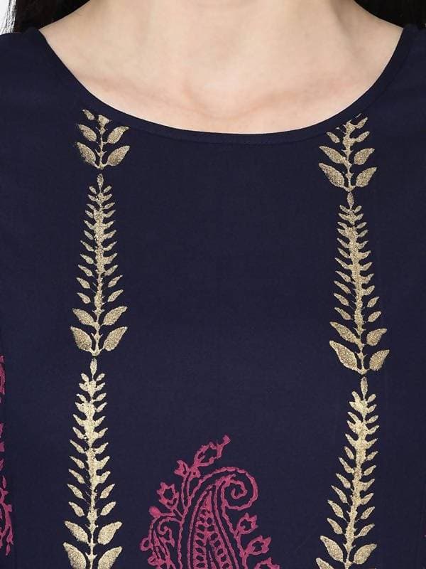 Aniyah Rayon Navy Blue Color Block Print A-line Flared Long Kurta With Two Front Slits (AN-215K) | Grab2Buy