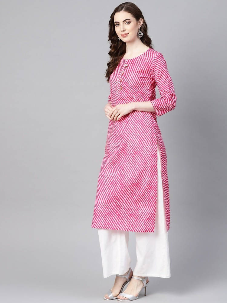 Yufta Women Pink & White Leheriya Print Straight Kurta | Grab2Buy