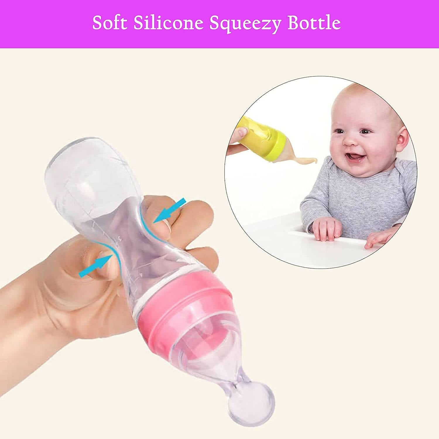 Safe-O-Kid Easy Squeezy Silicone Food Feeder Spoon (Soft Tip) Bottle- Pink- 90mL | Grab2Buy