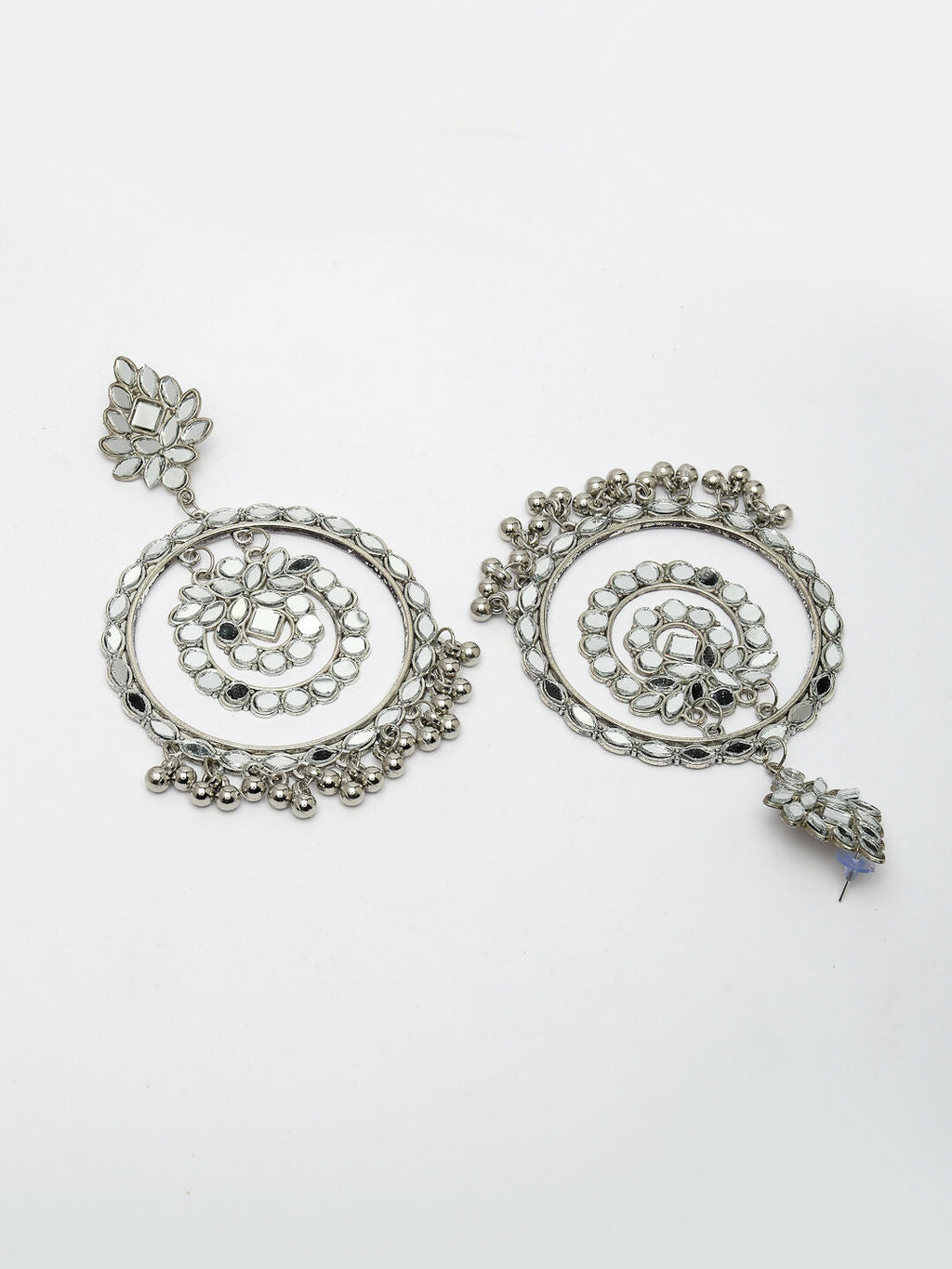 NVR Women's Silver-Toned Mirror Work Oxidised Contemporary Drop Earrings | Grab2Buy