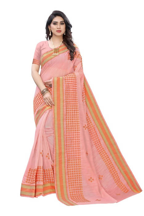 Vamika Embroidery Peach Chanderi Saree (MINI CHECKS PEACH) | Grab2Buy