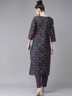 Yufta Women Navy Blue & Pink Ethnic Motifs Printed Pure Cotton Kurta with Trouser | Grab2Buy