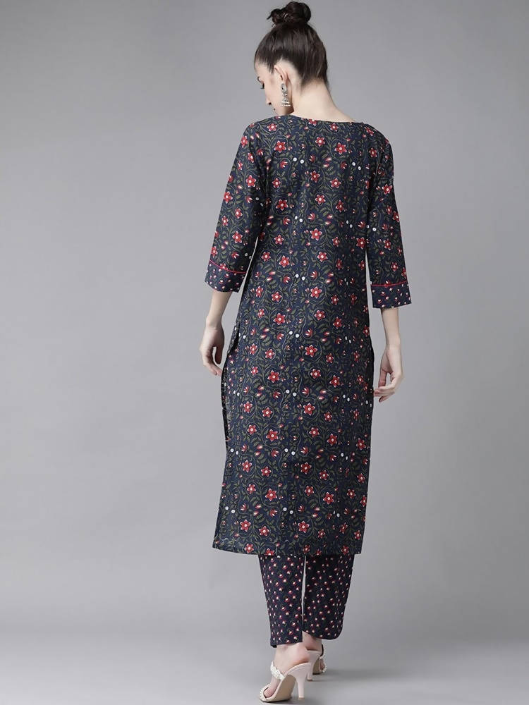 Yufta Women Navy Blue & Pink Ethnic Motifs Printed Pure Cotton Kurta with Trouser | Grab2Buy